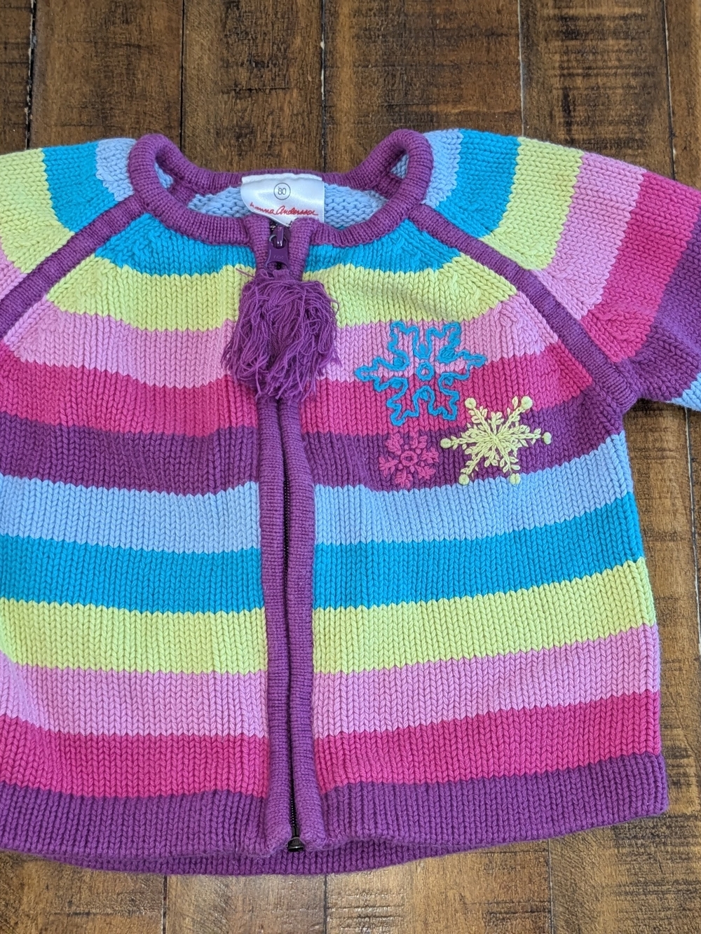 Hanna Andersson striped snowflake knit pom pom zip up cardigan, 18-24m